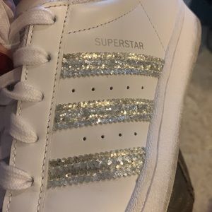 Adidas superstar. White with silver glittery stripes.   Size 7